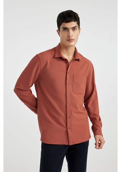 Regular Fit Polo Yaka Krinkıl Basic Düz Uzun Kollu Gömlek B6484AX24SP