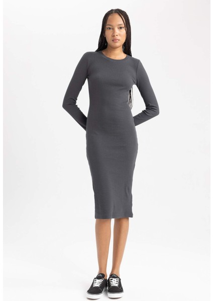 Bodycon Bisiklet Yaka Fitilli Kaşkorse Midi Uzun Kollu Elbise B2465AX23AU