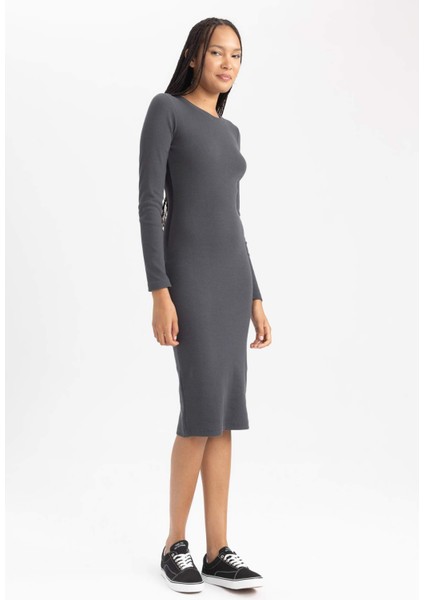 Bodycon Bisiklet Yaka Fitilli Kaşkorse Midi Uzun Kollu Elbise B2465AX23AU