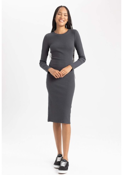 Bodycon Bisiklet Yaka Fitilli Kaşkorse Midi Uzun Kollu Elbise B2465AX23AU