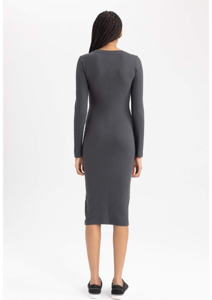 Bodycon Bisiklet Yaka Fitilli Kaşkorse Midi Uzun Kollu Elbise B2465AX23AU