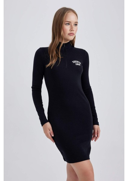 Coool Bodycon Yarım Balıkçı Yaka Fitilli Kaşkorse Uzun Kollu Mini Elbise B2467AX23AU
