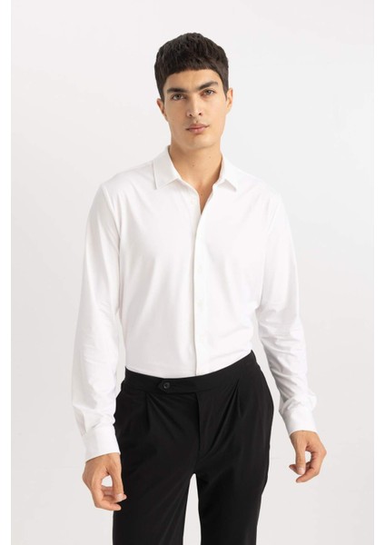Slim Fit Dar Kesim Polo Yaka Basic Düz Uzun Kollu Gömlek B6491AX24SP