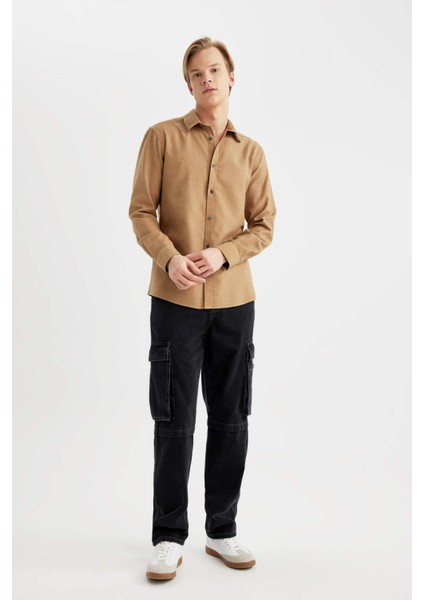 Slim Fit Dar Kesim Pamuklu Basic Düz Uzun Kollu Gömlek A4644AX24SP