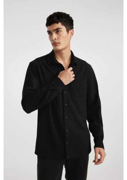 Regular Fit Polo Yaka Krinkıl Basic Düz Uzun Kollu Gömlek B6484AX24SP