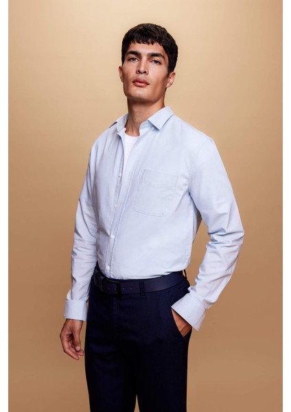 Regular Fit PoloYaka Oxford Cepli Uzun Kollu Basic Düz Gömlek A8028AX23AU