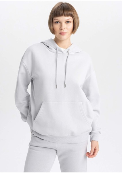 Relax Fit Kapüşonlu Kanguru Cepli Kalın Basic Düz Sweatshirt W1240AZ23WN