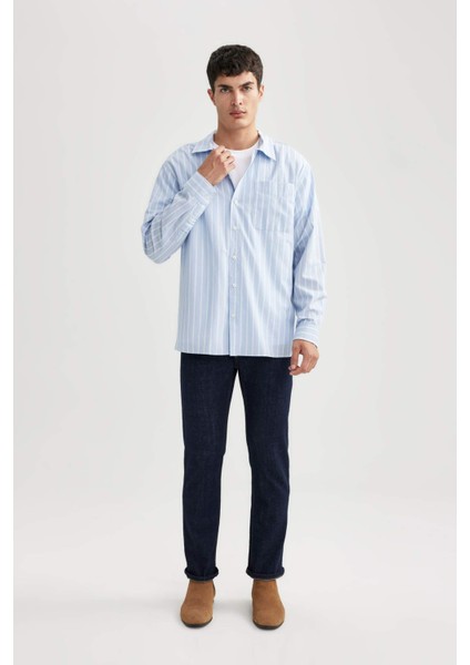 Relax Fit Polo Yaka Çizgili Uzun Kollu Poplin Uzun Kollu Gömlek A9440AX23AU indirimleri
