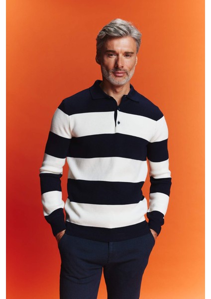 Standart Fit Çizgili Polo Yaka Kazak Y4194AZ23WN modelleri