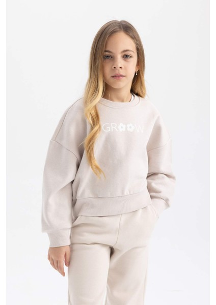 Kız Çocuk Relax Fit Bisiklet Yaka Baskılı Kalın Sweatshirt B4675A823WN