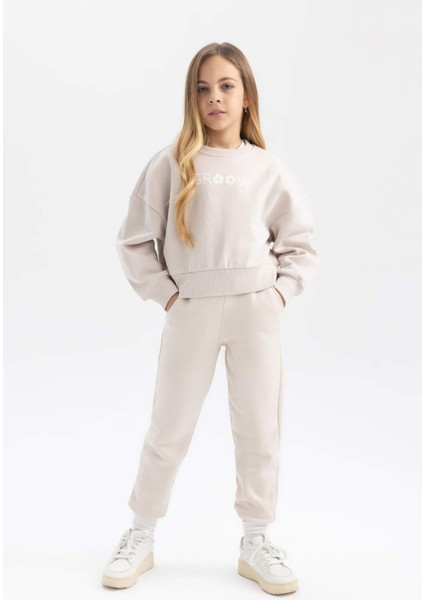 Kız Çocuk Relax Fit Bisiklet Yaka Baskılı Kalın Sweatshirt B4675A823WN