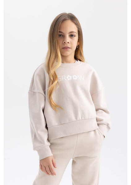 Kız Çocuk Relax Fit Bisiklet Yaka Baskılı Kalın Sweatshirt B4675A823WN