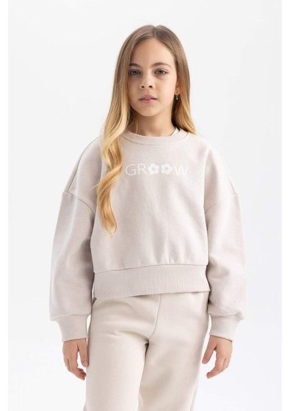 Kız Çocuk Relax Fit Bisiklet Yaka Baskılı Kalın Sweatshirt B4675A823WN