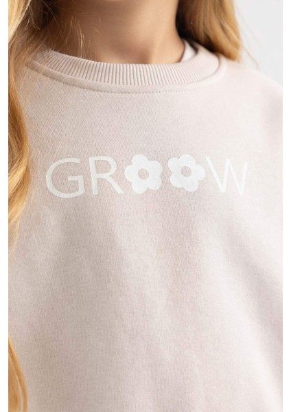 Kız Çocuk Relax Fit Bisiklet Yaka Baskılı Kalın Sweatshirt B4675A823WN