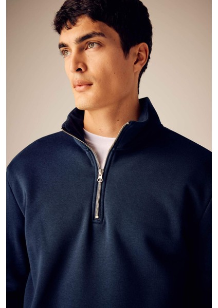 Comfort Regular Fit Rahat Kalıp Fermuarlı Dik Yaka Basic Düz Sweatshirt X7405AZ23AU