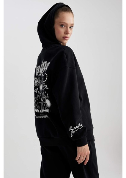 Coool Oversize Fit Kapüşonlu Baskılı Kalın Kumaş Sweatshirt A4753AX23WN