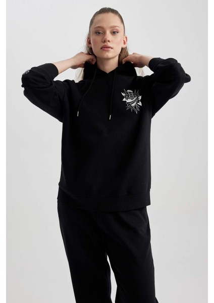 Coool Oversize Fit Kapüşonlu Baskılı Kalın Kumaş Sweatshirt A4753AX23WN