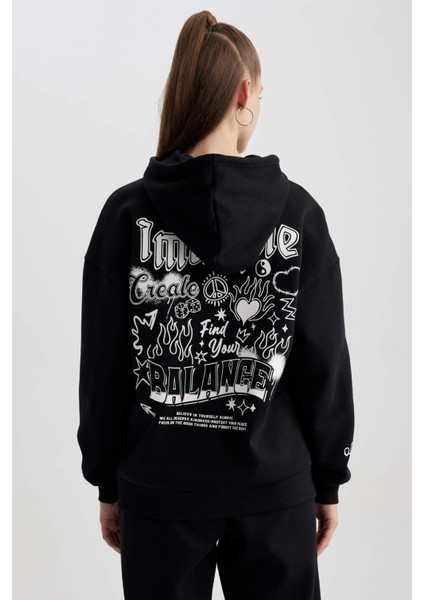 Coool Oversize Fit Kapüşonlu Baskılı Kalın Kumaş Sweatshirt A4753AX23WN