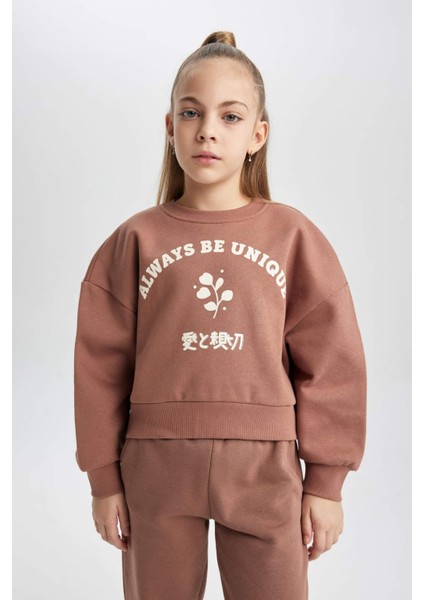 Kız Çocuk Relax Fit Bisiklet Yaka Baskılı Kalın Sweatshirt B4675A823WN