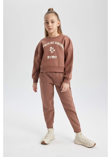 Kız Çocuk Relax Fit Bisiklet Yaka Baskılı Kalın Sweatshirt B4675A823WN