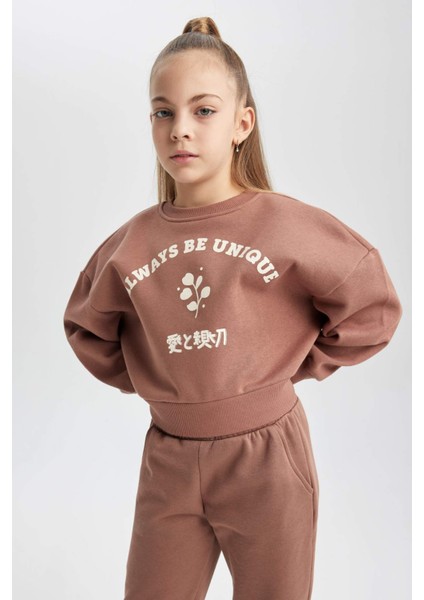Kız Çocuk Relax Fit Bisiklet Yaka Baskılı Kalın Sweatshirt B4675A823WN