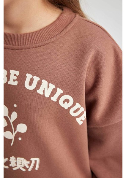Kız Çocuk Relax Fit Bisiklet Yaka Baskılı Kalın Sweatshirt B4675A823WN
