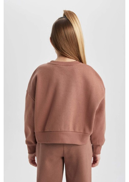 Kız Çocuk Relax Fit Bisiklet Yaka Baskılı Kalın Sweatshirt B4675A823WN