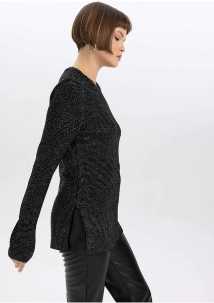 Regular Fit Bisiklet Yaka Simli Kumaş Kazak L1679AZ23WN