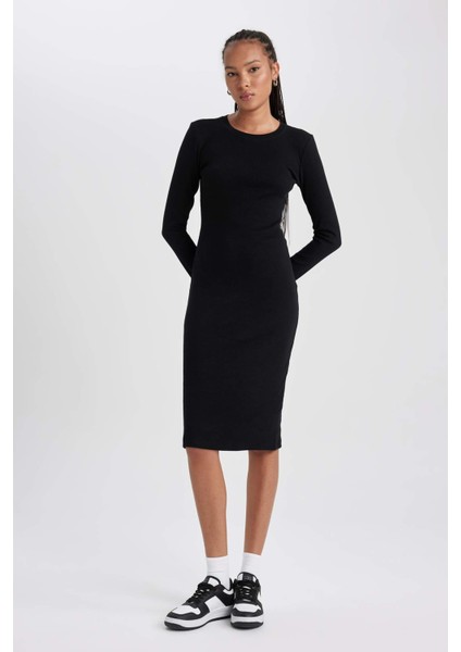 Bodycon Bisiklet Yaka Fitilli Kaşkorse Midi Uzun Kollu Elbise