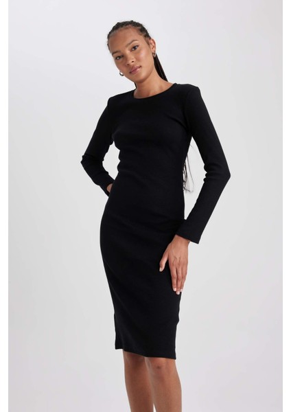 Bodycon Bisiklet Yaka Fitilli Kaşkorse Midi Uzun Kollu Elbise fiyatları