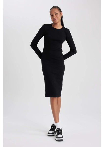 Bodycon Bisiklet Yaka Fitilli Kaşkorse Midi Uzun Kollu Elbise modelleri