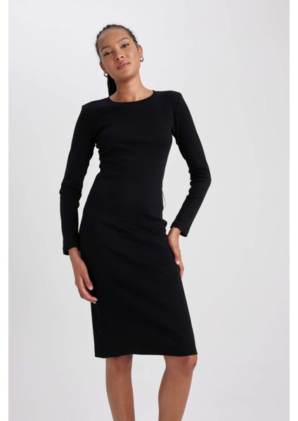 Bodycon Bisiklet Yaka Fitilli Kaşkorse Midi Uzun Kollu Elbise fırsatları