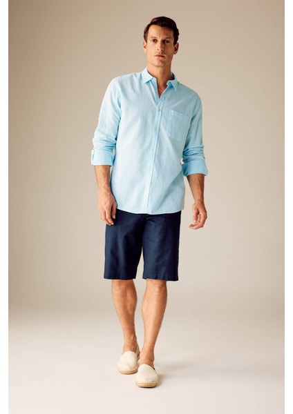 Regular Fit Polo Yaka Keten Karışımlı Uzun Kollu Gömlek M9437AZ23SM