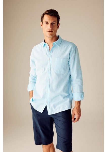 Regular Fit Polo Yaka Keten Karışımlı Uzun Kollu Gömlek M9437AZ23SM