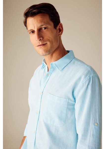 Regular Fit Polo Yaka Keten Karışımlı Uzun Kollu Gömlek M9437AZ23SM