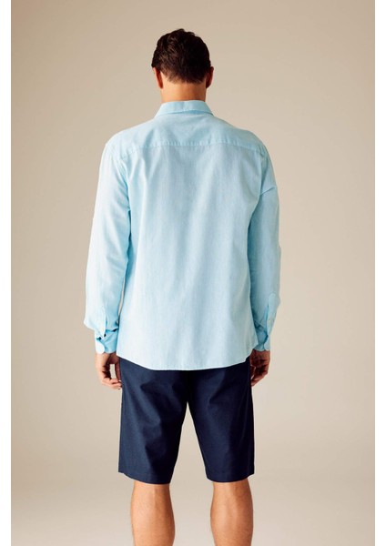 Regular Fit Polo Yaka Keten Karışımlı Uzun Kollu Gömlek M9437AZ23SM