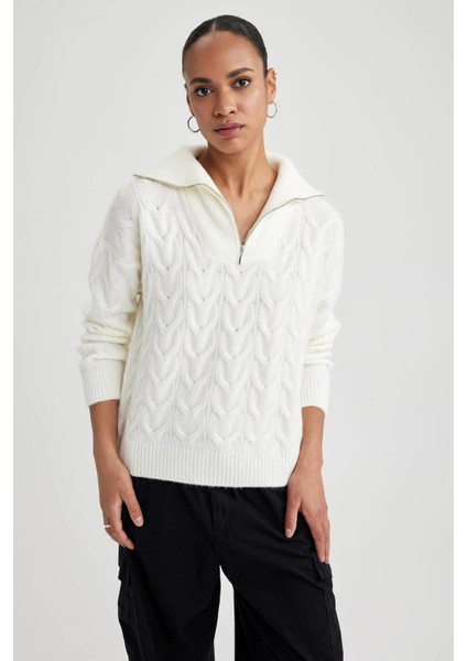 Oversize Fit Fermuarlı Yaka Kazak A3874AX23WN
