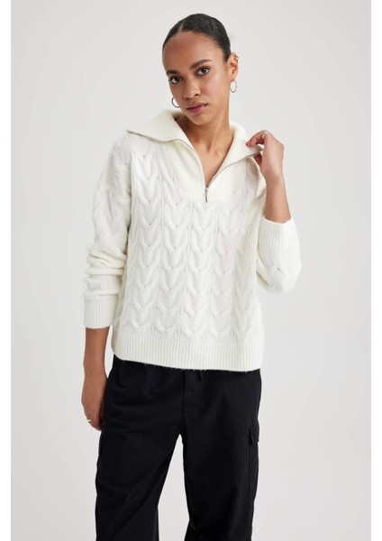 Oversize Fit Fermuarlı Yaka Kazak A3874AX23WN