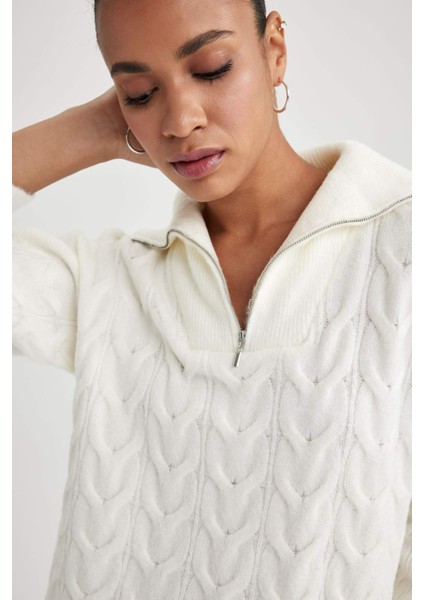 Oversize Fit Fermuarlı Yaka Kazak A3874AX23WN