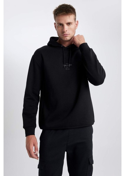 Siyah Relax Fit Kapüşonlu Baskılı Kalın Sweatshirt Y9652AZ23WN