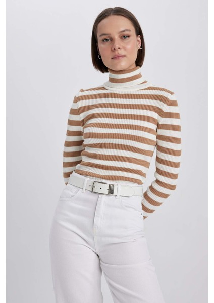 Slim Fit Çizgili Balıkçı Yaka Triko Kazak A2059AX23AU