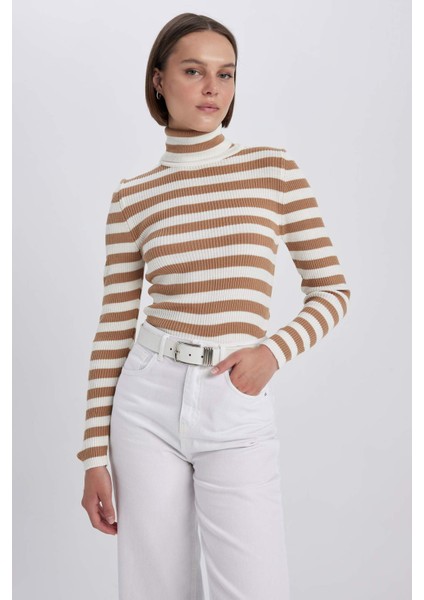 Slim Fit Çizgili Balıkçı Yaka Triko Kazak A2059AX23AU