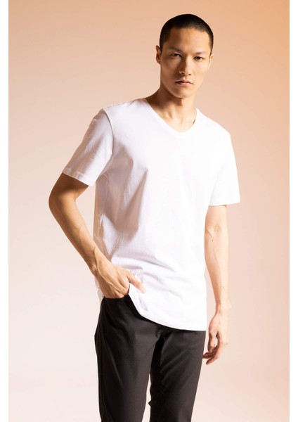 Slim Fit Dar Kesim V Yaka Basic Düz Kısa Kollu %100 Pamuk Tişört M7668AZ23SP