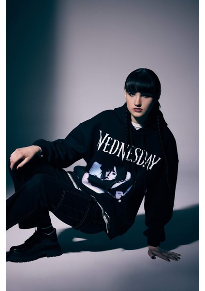 Coool Wednesday Oversize Geniş Kalıp Kapüşonlu Baskılı Kalın Sweatshirt A4638AX23SM