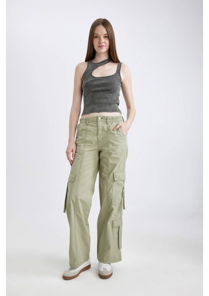 Gabardin Pantolon Wide Leg Geniş Bol Paça Kargo Cepli Beli Lastikli Düğmeli Standart Boy B7512AX24SP fiyatları