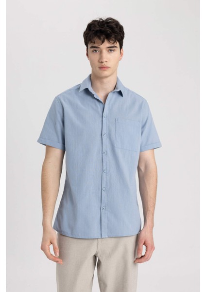 Slim Fit Dar Kesim Yazlık Basic Düz %100 Pamuk Kısa Kollu Gömlek R1706AZ24SM