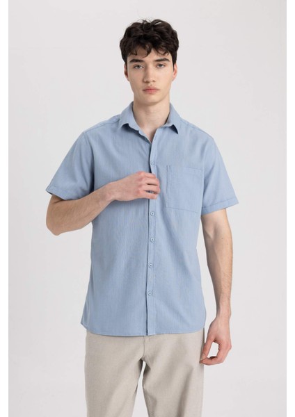 Slim Fit Dar Kesim Yazlık Basic Düz %100 Pamuk Kısa Kollu Gömlek R1706AZ24SM
