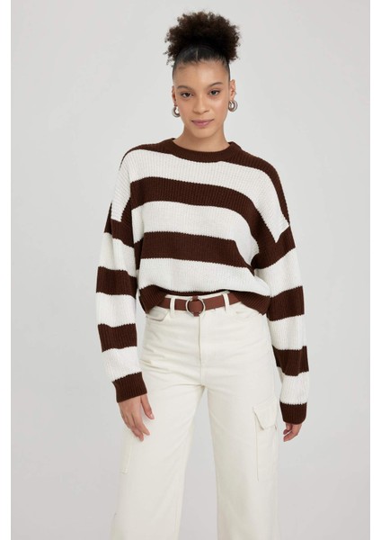 Coool Oversize Fit Çizgili Bisiklet Yaka Kazak X4931AZ23WN