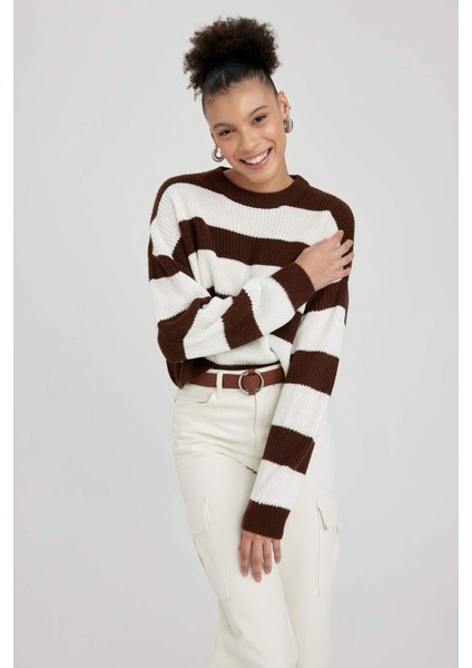 Coool Oversize Fit Çizgili Bisiklet Yaka Kazak X4931AZ23WN