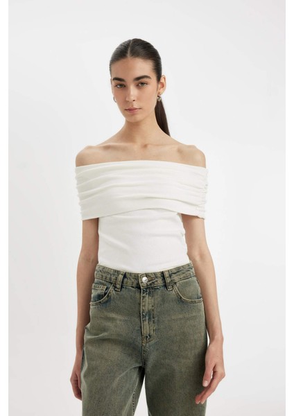 Slim Fit Dar Kesim Omuzu Açık Ribana Kısa Kollu Tişört D2906AX24SM